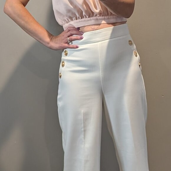 Ever New Wide-Leg White Pants w/ Gold Button Detail Size 4 | Curated Revival - Picture 2 of 3